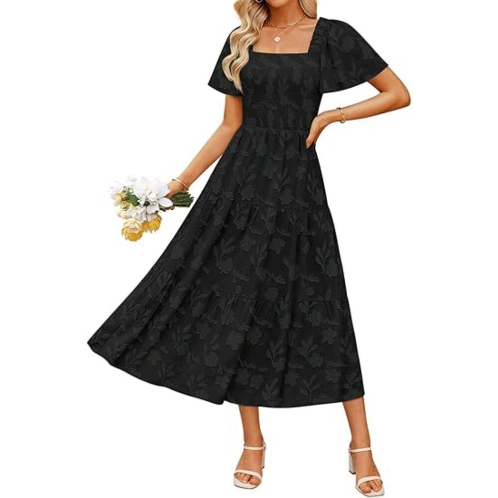 Women's Black Square Neck A Line Short Sleeve Graduation Long Dresses